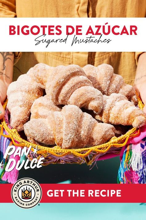 The name for this buttery, sugar-coated Mexican pan dulce comes from the Spanish word for mustache (shape them right and each will be a very respectable stache). While they’re similar to croissants visually, the dough is closer to Danish dough — bigotes still have layers, but they’re softer and less flaky than their French counterparts (and, bonus, they aren’t laminated!). While this recipe requires an overnight rest, it’s well worth the wait. Mexican Pan Dulce Recipes, Concha Bread Recipe, Pan Dulce Recipe, Mexican Pan Dulce, Mexican Sweets, Mexican Desserts, Mexican Sweet Breads, Mexican Bread, Danish Dough