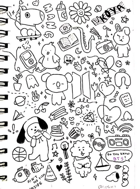 Bt21 Doodle Art, Doodle Page Aesthetic, Doddleoddle Art Easy Aesthetic, Bt21 Sketch, Doodles To Fill Space, Kdrama Doodle, Bt21 Doodle, Kpop Doodle Art, Bts Doodle Art