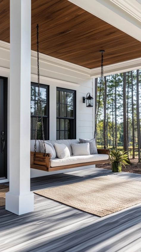 Extended Porch Roof, White Farmhouse With Porch, Front Porch Banister Ideas, Rear Porch Ideas, Small Covered Back Porch, Front Porch Ranch Style House, Cape Cod Front Porch Ideas, Ranch Homes With Front Porches, Wood Porch Railing Ideas