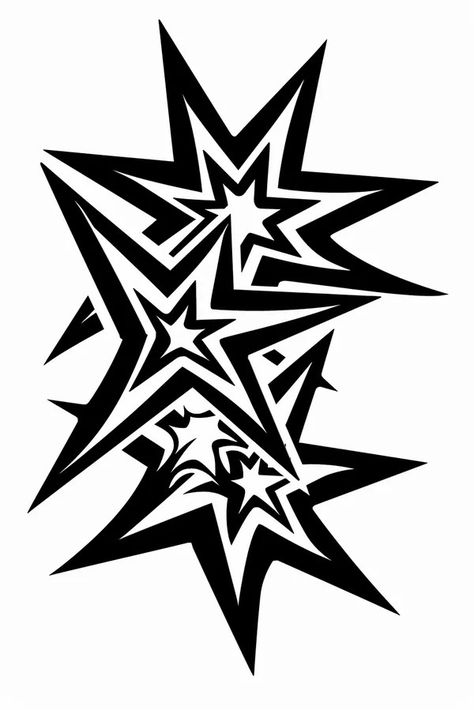 Tattoo idea: tribal black and white symbol Three varying-sized star 3 Y2k Black Symbol, Star Design Y2k, Three Star Tattoo, Y2k Black Symbols 5 Star, Y2k Star Tattoo Design, Y2k Star Graphic Design, Star Graphic Design, Stars Logo Design Ideas, Hell Star