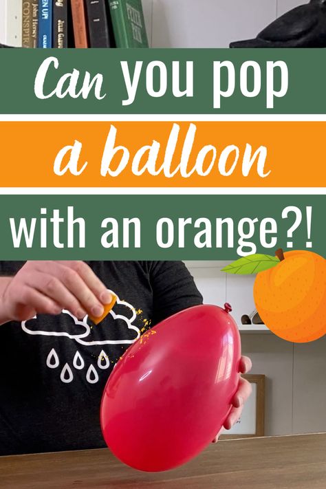 Using an orange peel to pop a balloon Orange Science Experiment, Ballon Experiment, Science Balloons, Balloon Science Experiments, Balloon Popping, Fun Experiments For Kids, Cool Science Projects, Balloon Experiment, Homeschool Science Experiments