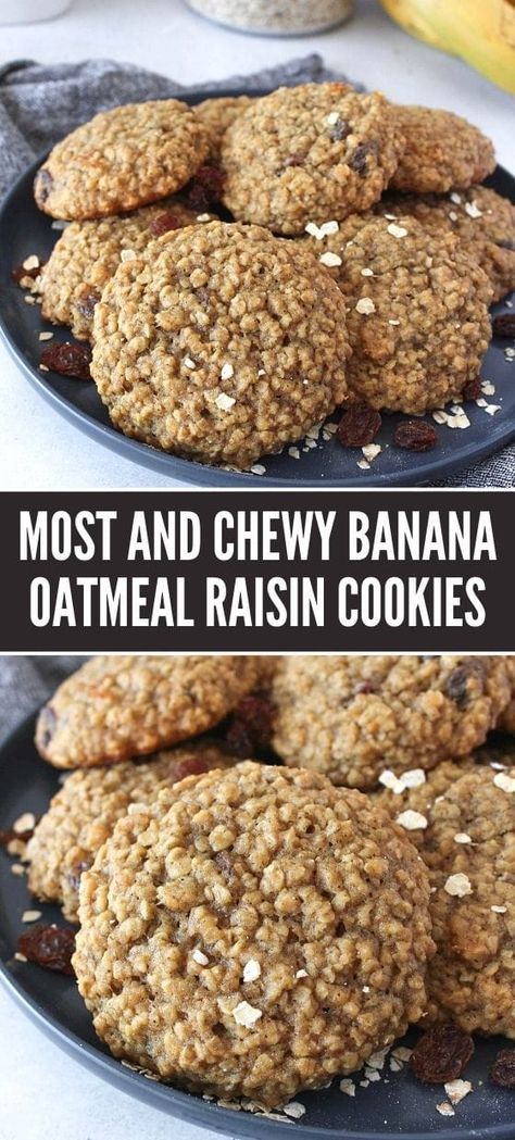 MOST AND CHEWY BANANA OATMEAL RAISIN COOKIES Banana Oatmeal Raisin Cookies, Cookie Recipes Peanut Butter Oatmeal, Pouch Reset, Cookies 2023, Banana Nut Oatmeal, Oatmeal Raisin Cookie, Raisin Cookie, Oatmeal Raisin Cookies Chewy, Banana Bread Cookies