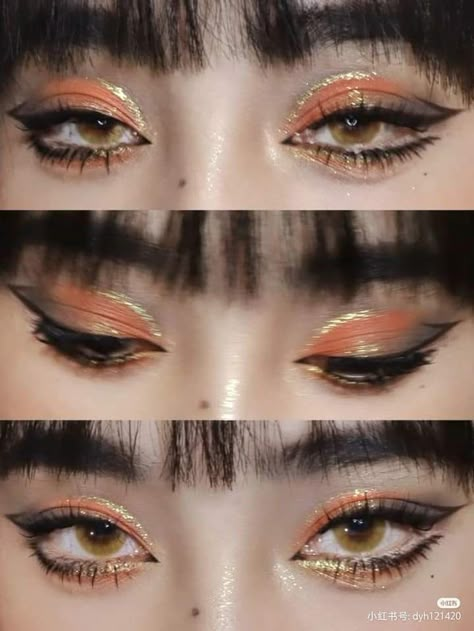 Makeup Looks Grunge Y2k, Nature Eye Makeup, Avant Garde Makeup Looks, Lovelock Hair, Orange Goth Makeup, Orange Douyin Makeup, Glamour Witch Aesthetic, Dark Skin Eye Makeup, Kpop Makeup Female