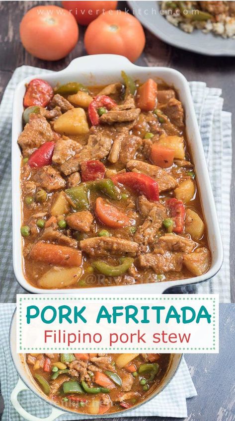 Pork Afritada Recipe, Pork Afritada, Pilipino Food Recipe, Filipino Pork Recipes, Phillipino Food, Pork Stew Meat, Japanese Street Food, Pork Stew, Thai Street Food