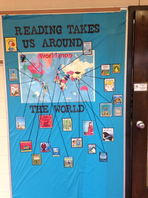 Reading takes us around the board- new bulletin board I did! World Book Day Display Boards, Primary Library Ideas, Reading Takes You Places Bulletin Board, Reading Takes You Places, Book Bulletin Board Ideas, Reading Corner School, Map Bulletin Board, Library Bulletin Board Ideas, Public Library Programs