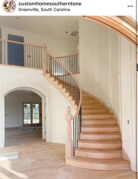 Curved Grand Staircase, Curved Staircase Remodel, Rounded Staircase, Southern Staircase, Curving Staircase, Curved Staircase Foyer, West Indies Architecture, Staircase Inspiration, Stair Layout