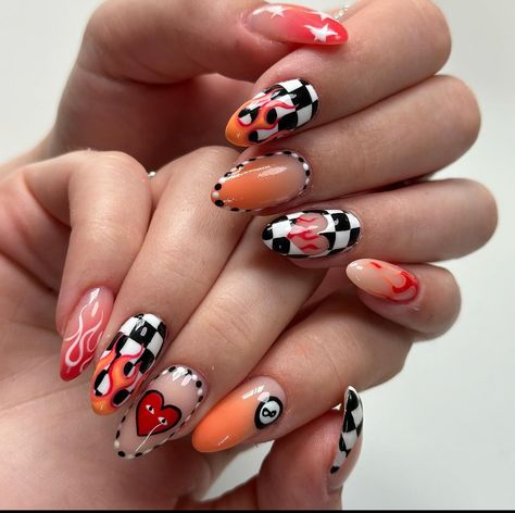 Halloween Crome Nails, Post Malone Inspired Nails, Funky Nails Fall, Punk Nails Designs, Race Nails Designs, Racing Nail Art, Dice Nails Design, Moto Nails, Formula One Nails