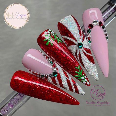 Natalie Mugridge ✨Nail Artist✨ on Instagram: "Today is the last day of The Twelve Days of Crystalmas! Todays theme is candy canes!Thank you to everyone who’s taken part and joined The Crystal Crowd group on Facebook M, thank you @scarlett_senternailartist for collaborating with me and thank you Poppy at @crystalparade1 to looking after us with our crystals! I’m not saying too much yet but there maybe more to come in the very near future! Check the video out at 7pm on YouTube! #nailart #christmas Read Nails, Stephs Nails, Candy Cane Christmas Nails, Nails Christmas Red, Candy Cane Nail Art, Candy Nail Art, Grinch Nails, Nail Noel, Nail Art Noel