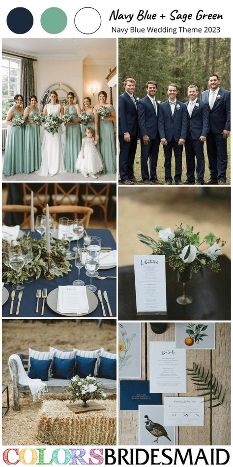 Sage Green Wedding Color Schemes, Navy Blue Groomsmen, Sage Green Wedding Theme, Sage Wedding Colors, Navy Blue Wedding Theme, Wedding In Spring, Navy Wedding Colors, Sage Green Wedding Colors, Blue Groomsmen