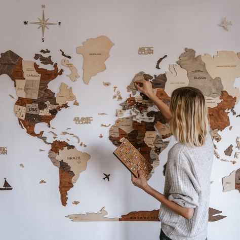 Wooden World Map Wall Art, Rustic Wall Decor, Travel Map Push Pin, Housewarming Gift for First Home, Apartment Decor, Birthday Gift for Mom - Etsy Large Rustic Wall Decor, Wooden World Map, Wood World Map, Sala Grande, Wooden Map, Wood Map, World Map Wall Art, World Map Wall, Decor Bundle