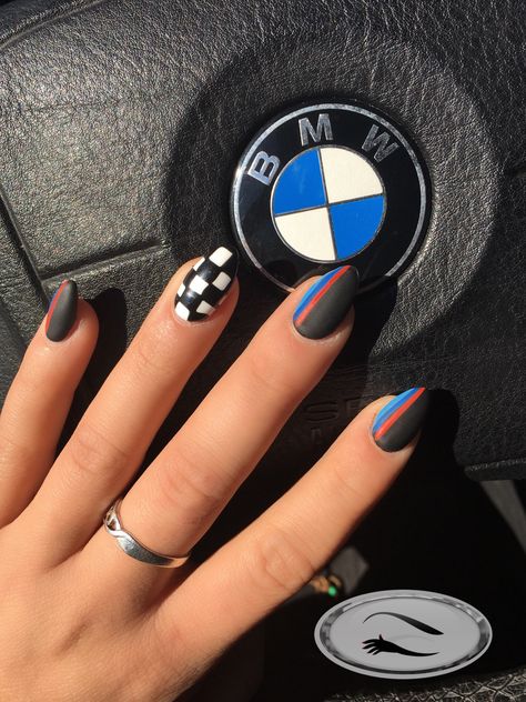 Hey Hunnay your Boyfriend have BMW? Oh Hunnay why he not have? #nailfie #bmw #nascar #bmwnails #nailart #nailideas #naillife #nails #salon #checkered #flag #fast #cars #designer #beauty Race Car Nails Acrylic, Hotwheels Nail Art, Racing Flag Nails, Race Inspired Nails, Racing Stripe Nails, Car Design Nails, Car Acrylic Nails, Bmw Inspired Nails, Race Flag Nails