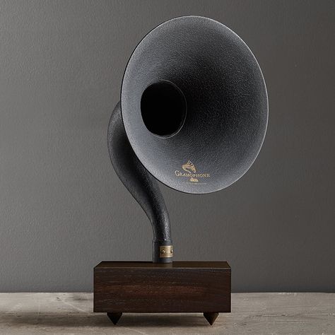 It may look like a vintage 1920s gramophone with a classic horn speaker, but this sleek modern Bluetooth version doesn't need to be wound up nor does it need disc-based recordings. Plus, you can take this giant gramophone on the go for mobile play. Gramophone Aesthetic Vintage, Bluetooth Gramophone, 1920s Gramophone, Gramophone Bluetooth Speaker, Gramophone Record, Vintage Speakers, Horn Speakers, Living Room Decor Inspiration, Speaker Design