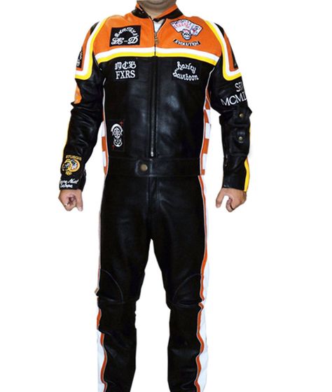 Harley Davidson and The Marlboro Man Motorcycle Suit Costume Nascar Leather Jacket, Racing Biker Jacket With Long Sleeves For Motorcycling, Latex Motorcycle Suit, Motorcycle Racing Jacket, Motorcycle Racing Suit, Motorbike Leathers, Harley Davidson Jacket, Motorcycle Suit, Orange Jacket