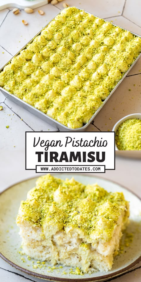 pistachio tiramisu with a bright green chopped pistachio topping on a ceramic plate. Pistachio Mascarpone, Pistachio Tiramisu Recipe, Pistachio Tiramisu, Fluffy Sponge Cake, Vegan Pistachio, Pistachio Syrup, Vegan Tiramisu, Vegan Baking Recipes, Mascarpone Cream