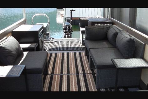 Pontoon With Patio Furniture Diy Pontoon Boat Remodel, Pontoon Boat Makeover Diy, Pontoon Makeover, Pontoon Remodel, Pontoon Boat Decor, Houseboat Remodel, Boat Makeover, Diy Boat Seats, Pontoon Boat Party