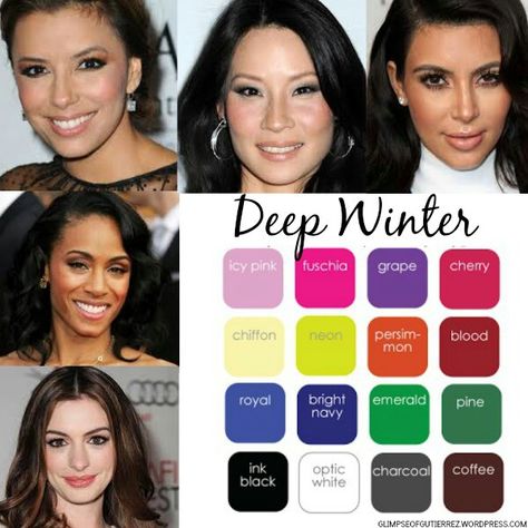 Deep winter celebrities & deep winter color pallet. Winter Skin Tone, Deep Winter Palette, Look Working Girl, How To Have Style, Deep Winter Colors, Mode Tips, Winter Color Palette, Winter Typ, True Winter