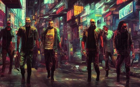 Filled with crime and gangs, District 43 is known as a lawless sector. Despite it's high crime rate, the majority of the violence is kept between the rival gangs. #cyberpunk #art #ai Cyberpunk Gang, Gang Art, Cyberpunk Aesthetic, The Rival, Cyberpunk Art, Cyberpunk, Art