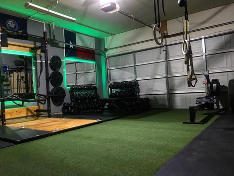 Space Saving Gym Equipment, Garage Gym And Man Cave, Home Gym With Turf, Garage Gym Color Ideas, Barndominium Gym, Garage Gym Decor, Barn Gym Ideas, Garage Gym Design, Basement Workout Room