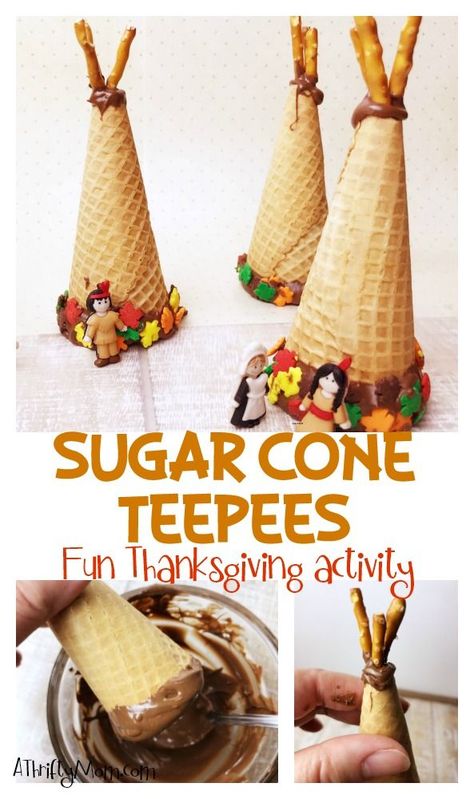 Sugar cone teeppee, Thanksgiving activity Fun Thanksgiving Snacks, Thanksgiving Food Crafts, Thanksgiving Goodies, Class Treats, The First Thanksgiving, Thanksgiving Snacks, Thanksgiving School, Halloween Spiders, Thanksgiving Prep