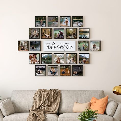 Mixtiles - Turn your photos into affordable, stunning wall art Mix Tile Photo Wall Ideas, Family Photo Walls, Family Photos Wall Decor, Wall Tiles Living Room, Travel Photo Wall, Adventure Wall Decor, Frame Arrangement, Travel Gallery Wall, Frame Wall Collage