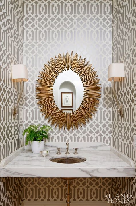 sunburst mirror - imperial trellis wallpaper - Schumacher - ATL powder room - ID Beth Webb Wc Decoration, Schumacher Wallpaper, Trellis Wallpaper, Powder Room Design, Silver Wallpaper, Subway Tiles, Atlanta Homes, Sunburst Mirror, Tiny Spaces