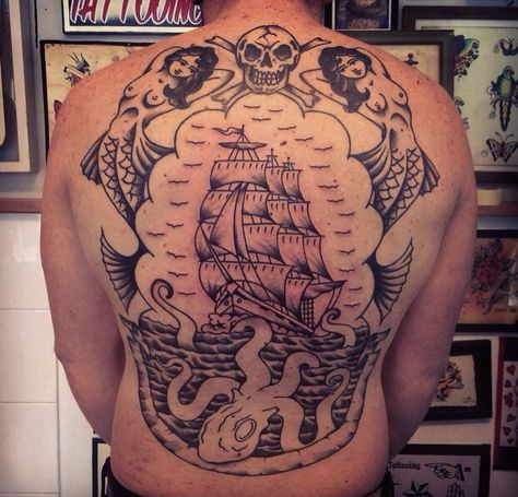 Vintage sailor tattoo Sailor Back Tattoo, Chest And Back Tattoo, Sailor Tattoo, Food Tattoos, Vintage Sailor, American Traditional Tattoo, Ink Ideas, Back Tattoos, American Traditional