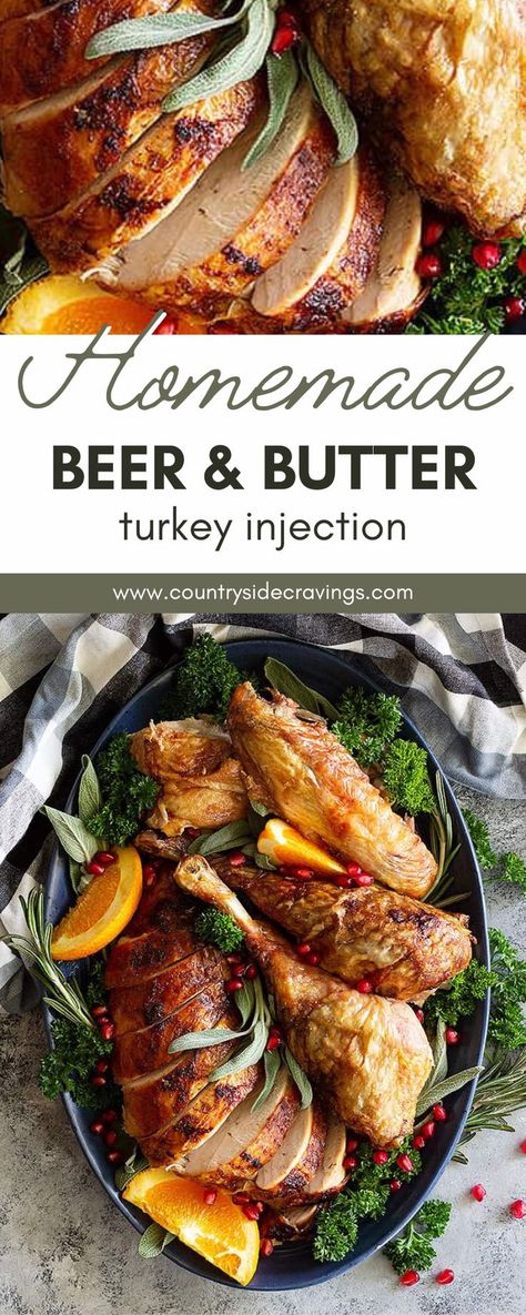 Beer Can Turkey Oven, Flavorful Turkey Thanksgiving, Turkey Injection Butter, Injecting A Turkey With Butter, Turkey Dinners Thanksgiving, Beer Brined Turkey, Butter Infused Turkey, Turkey Filling Recipes, Flavor Injector Recipes Turkey