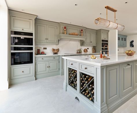 Light Green Kitchen | Tom Howley Green Grey Kitchen, Pale Green Kitchen, Silestone Calacatta Gold, Light Green Kitchen, Tom Howley, Green Kitchen Designs, Miele Appliances, Modern Appliances, Kitchen Oven