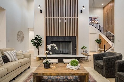 Slatwall Fireplace, Fluted Fireplace Wall, Slat Wall Fireplace, Wood Slat Fireplace, Slat Fireplace, Wood Slat Fireplace Wall, Fireplace Alcove, Fireplace Walls, Statement Walls