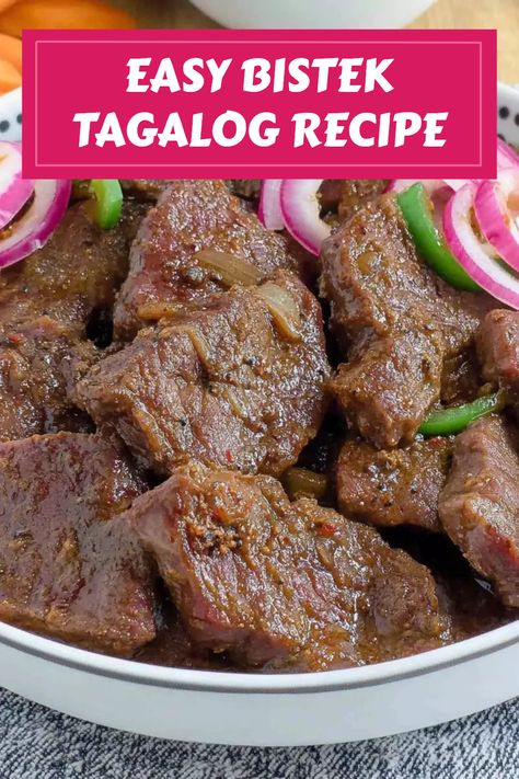 A beautifully cooked Bistek Tagalog featuring tender beef marinated in soy sauce and calamansi. Perfect Filipino comfort food, ideal for any meal, showcasing rich flavors and traditional cooking. Filipino Bistek, Beef Nilaga Recipe, Bistek Tagalog, Calamansi Juice, Steak Dishes, Tender Meat, Marinated Beef, Cheap Dinners, Savory Sauce