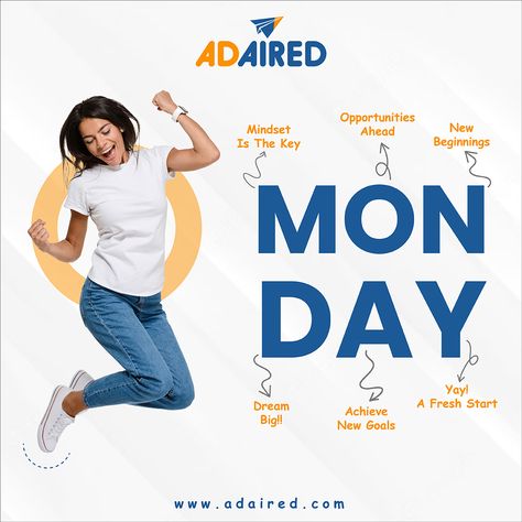 Monday may mean back to work, but it also means a chance to set new goals and make progress toward them. Make this Monday count! . . . #mondaymotivation #mondaymorning #mondaymindset #workplace #productivity #mondayinspiration #mondaymood #learning #Adaired #work Monday Creative Post, Monday Creative Ads, Advertising Ideas Marketing, Recruitment Graphics, Uttarakhand Tourism, Workplace Productivity, Office Wall Design, Digital Advertising Design, Recruitment Company