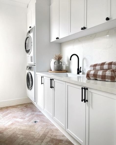 @jo.marie_blissfulbuilds has created a laundry that nails the American farmhouse design brief. Using our Thirroul bone tiles in a herringbone pattern on the floor and pairing it with black taps and shaker style cabinets. Love what you do Jo 😍 Design Brief, Shaker Style Cabinets, Black Taps, American Farmhouse, Shaker Cabinets, Laundry Room Design, Shaker Style, Farmhouse Design, Herringbone Pattern