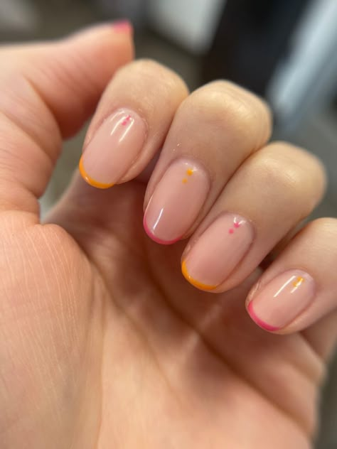 Short Colourful French Nails, Quirky French Nails, French Manicure Coloured Tips, French Tip And Dot Nails, Short Mini French Nails, French Manicure With Dots, Biab French Tip Designs, Dotted French Tip Nails, Mini French Tip Nails