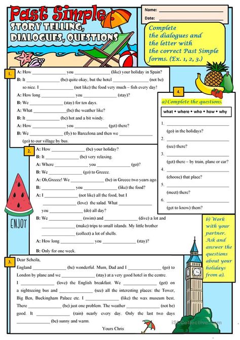 Past Simple: Story Telling, Dialogues, Questions - English ESL Worksheets for distance learning and physical classrooms Story Telling Pictures, Past Simple Worksheets, Winter Worksheet, English Pictures, Past Simple Tense, Tenses Exercises, Esl Teaching Resources, Past Simple, Alphabet Phonics