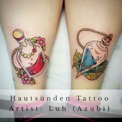 Tattoo inspiration. Health and mana potions. Nerdy tattoos are the best tattoos. Health Potion Tattoo, Elder Scrolls Tattoo, Potion Tattoo, Mana Potion, Health Potion, Nerdy Tattoos, The Best Tattoos, Harry Potter Tattoos, Harry Potter Tattoo