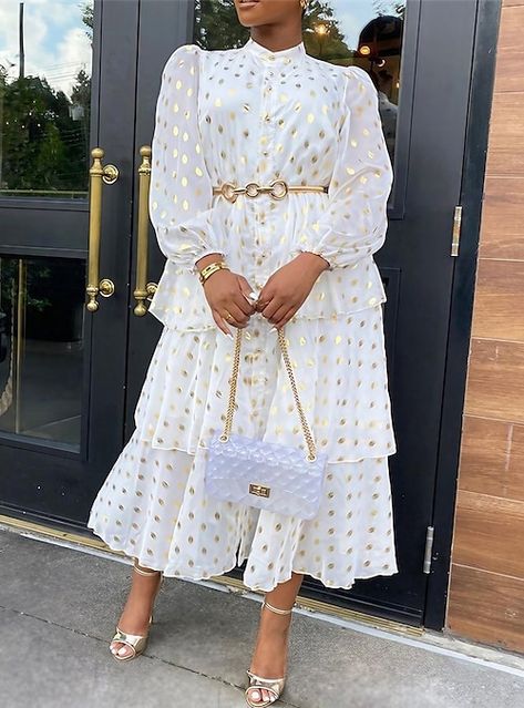 White Plus Size Dresses, Chiffon White Dress, Long Sleeve Ball Gowns, Long Sleeve Ruffle Dress, Cake Skirt, Women's A Line Dresses, High Street Fashion, Ankle Length Dress, African Dresses For Women