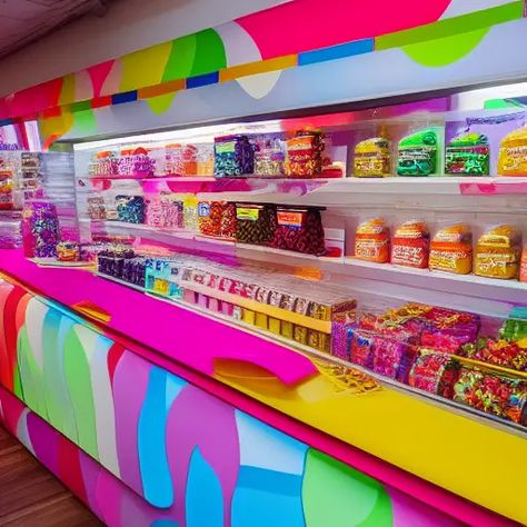 A colourful shop counter in a sweet shop Snack Shop Design Ideas, Candy Store Decor, Candy Counter Display, Candy Shop Decor, Candy Shop Interior Design, Snack Shop Design, Candy Shop Ideas Design, Sweet Shop Interior, Salon Reception Counter