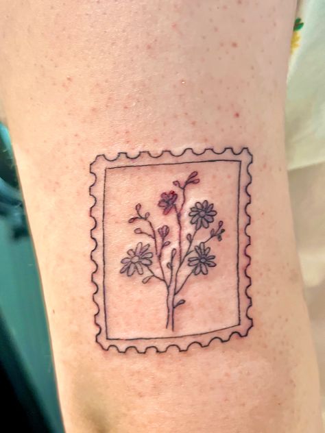 Post Stamp Flower Tattoo, Flower Vases Tattoo, Flower Post Stamp Tattoo, Bird Stamp Tattoo, Birth Flower Stamp Tattoo, Stamp Tattoo Flower, Post Stamp Tattoo Ideas, Flower Stamp Tattoo, Stamp Tattoo Ideas