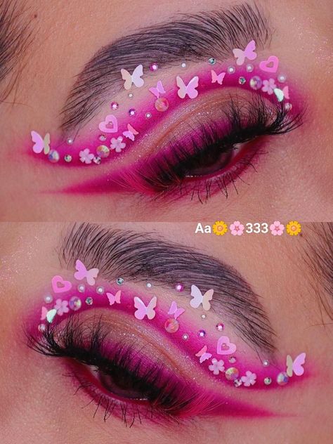 Eye makeup/ eye shadow looks/ pink/ butterfly Pink Eyeshadow And Eyeliner, Creative Eye Makeup Design, Unique Makeup Ideas Creative, Fun Eyeshadow Looks, Easter Makeup Looks, Turquoise Eye Makeup, Spring Makeup Ideas, Makeup Collage, Gem Makeup