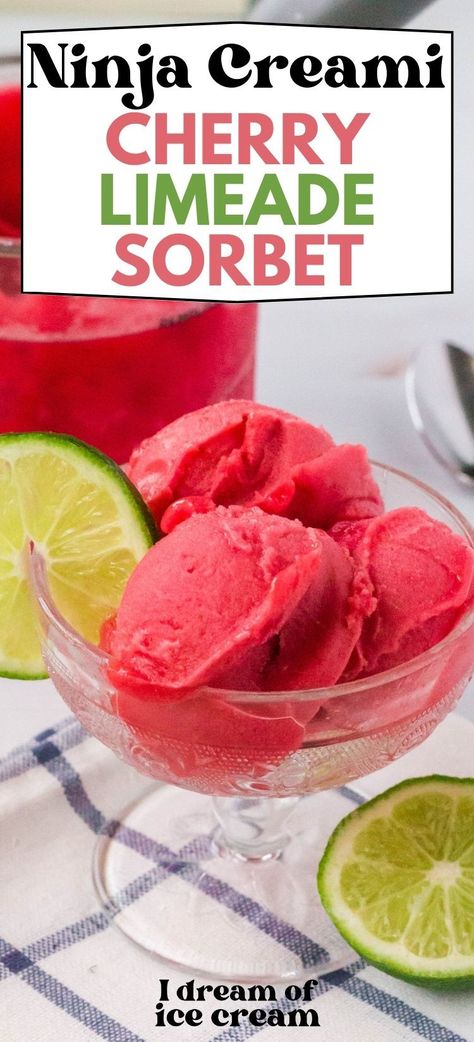 If you love Cherry Limeade drinks from Sonic, you have to try this easy sorbet! It's made in the Ninja Creami, with just a couple of ingredients, making it a super easy and deliciously refreshing frozen treat! Ninja Creami Frozen Yogurt Recipes Healthy, Ninja Creami Drink Recipes, Ninja Creami Slushie Recipes, Ninja Slushie Machine Recipes, Creami Recipies, Easy Sorbet, Fruit Sorbet Recipe, Cherry Limeade Recipe, Limeade Drinks