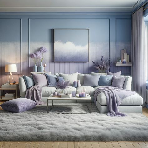 powder blue and lavender living room Periwinkle Walls Living Room, Blue And Lavender Color Palette, Powder Blue Living Room, Lavender Living Room, Lavender Color Palette, Lavender Interior, Lavender Room, Blue And Lavender, Modern Kids Bedroom