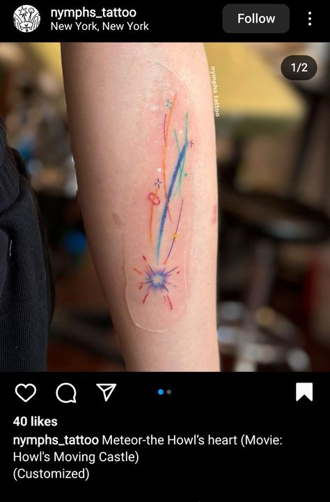 Howls Moving Castle Tattoo Color, Howls Star Tattoo, Howl Pendragon Tattoo Ideas, Calcifer Star Tattoo, Studio Ghibli Howls Moving Castle Tattoo, Small Howls Moving Castle Tattoos, Howls Moving Castle Tattoo Design, Subtle Howls Moving Castle Tattoo, Howls Moving Castle Ring Tattoo