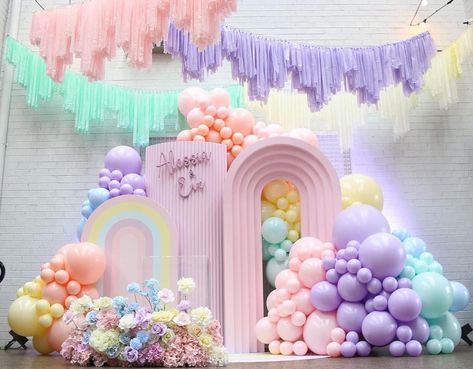 Alessia And Eve’s Rainbow 1st Birthday ..🌸 Thank you to all who helped me put my very first styling Job together .. Styling / props /… | Instagram Balloons Purple, Rainbow Birthday Party Decorations, Teal Balloons, Wedding Pastel, Rainbow Themed Birthday Party, Candy Theme Birthday Party, Rainbow Party Decorations, Yellow And Teal, Unicorn Themed Birthday Party