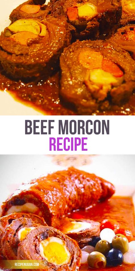 Beef Morcon Recipe is a Filipino meat roll stuffed with sausage or hotdogs, carrots, pickles, cheese, and egg. This is considered as a holiday dish and is usually served during Christmas and New Year’s eve. Morcon Recipe Beef Filipino Food, Beef Morcon Recipe, Morcon Recipe Filipino Food, Embutido Recipe Philippines, Beef Morcon, Embutido Recipe, Meat Roll, Philippine Cuisine, Philippines Recipes