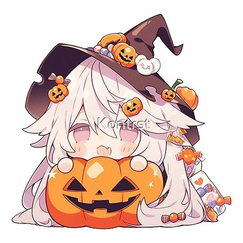 This cute sticker shows a tired witch resting on a jack o'lantern amidst a pile of Halloween candy and sweets. Her pink hair and black hat add sweet style. Capture the spooky yet adorable spirit of Halloween with this playful design! Printed on durable, wa Jack O' Lantern, Halloween Drawings Anime, Chibi Halloween Art, Halloween Character Art, Anime Witch Art, Halloween Anime Art, Pink Hair And Black, Halloween Aesthetic Cute, Jack O Lantern Drawing