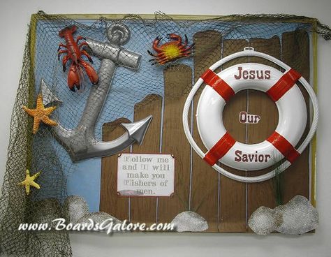 Bulletin Board Fishers of Men Bible Bulletin Boards, Nautical Classroom Theme, Shipwrecked Vbs, Nautical Classroom, Christian Bulletin Boards, Sunday School Decorations, Summer Bulletin Boards, Sunday School Classroom, Church Bulletin Boards