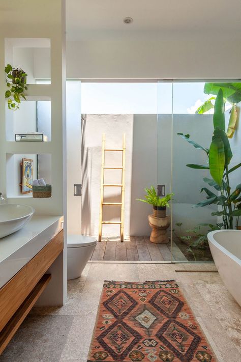 Boho Beds, Bali Style Home, Huge Bedrooms, Shower Area, Boho Texture, Bali House, Small Space Office, Black And White Tiles, Outdoor Bathrooms