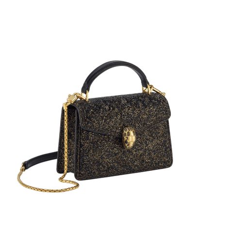 Serpenti Forever Mini top handle bag 293890 | Bulgari Small Designer Bags, Brass Scales, Onyx Eyes, Mini Top Handle Bag, Mini Top, Metal Tags, Luxury Bag, Mini Bags, Black Crystals