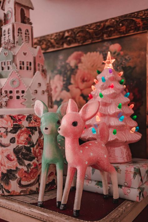 Pastel Christmas Decor with Homegoods | Keiko Lynn Kitschmas Diy, 1950s Christmas Decor, Pink Vintage Christmas Aesthetic, Pink Diy Christmas Decor, Christmas Pastel Decor, Christmas Decor Ideas Colorful, 50s Christmas Decor, Mod Christmas Decor, 50s Christmas Aesthetic