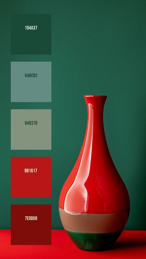 Colors:
194A37
648C82
84937D
B81617
7E0D09 Red Complementary Color Palette, Bright Red Colour Palette, Complementary Colors Drawing, Vivid Color Palette, Disney Minimalist, Christmas Color Palette, Red Vase, Red Colour Palette, Red Vases